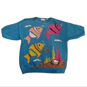 Vintage cotton blend tropical fish sweater women’s neon blue green pink large